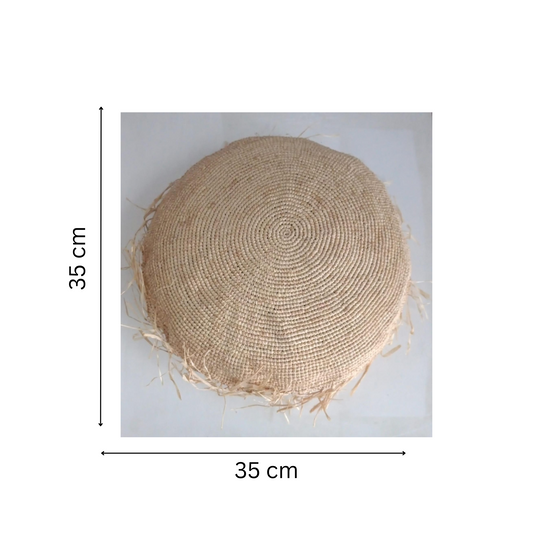 Coussin Rond En Raphia Naturel - Fait Main