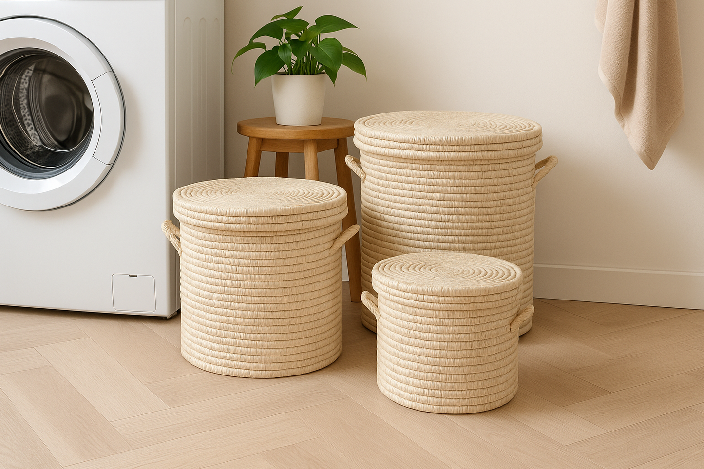 Set de 3 paniers à linge / paniers de rangement - Raphia naturel (Petit, Moyen et Grand)