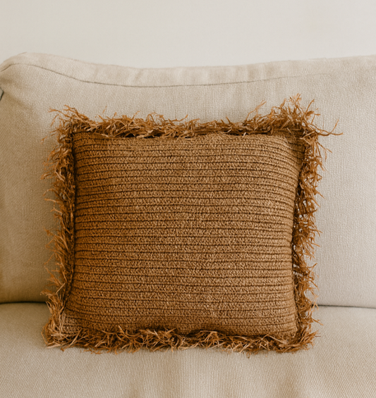 Coussin Carré En Raphia Naturel - Fait Main