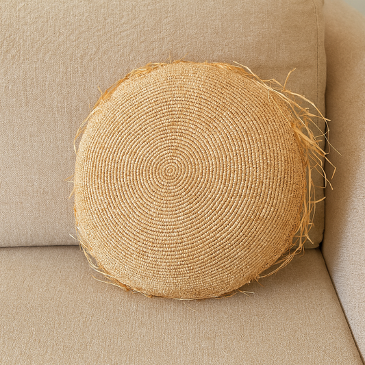 Coussin Rond En Raphia Naturel - Fait Main