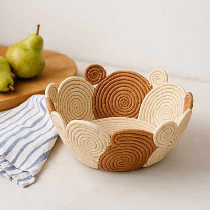 Panier A Fruits Décoratif Beige et Marron en Raphia Tresser - Fait Main