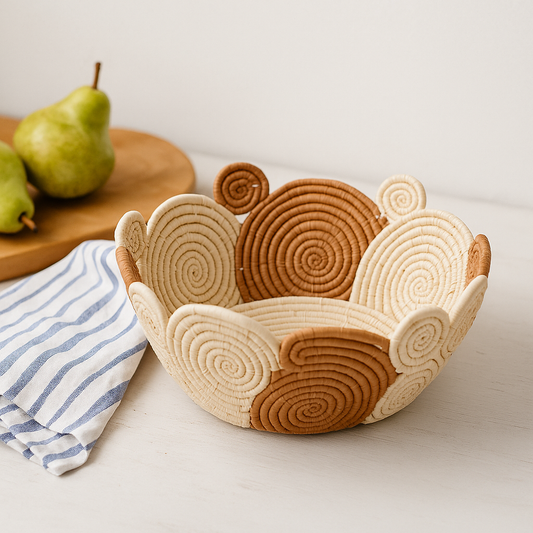 Panier A Fruits Décoratif Beige et Marron en Raphia Tresser - Fait Main