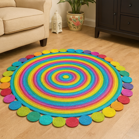 Tapis Artisanal Fleur En Raphia Tresser - Fait Main