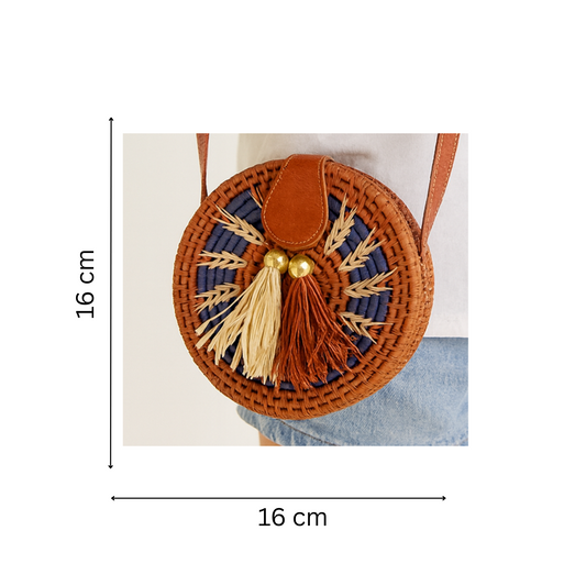 Sac A Main Rond En Raphia Et Cuir