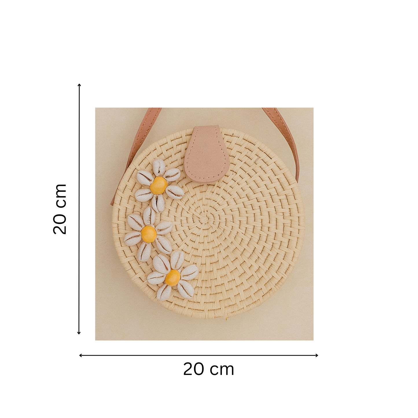 Sac A Main Rond En Raphia Beige et Coquillage - Finition cuir - Fait main