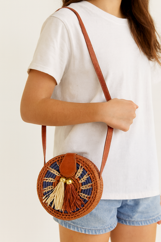 Sac A Main Rond En Raphia Et Cuir
