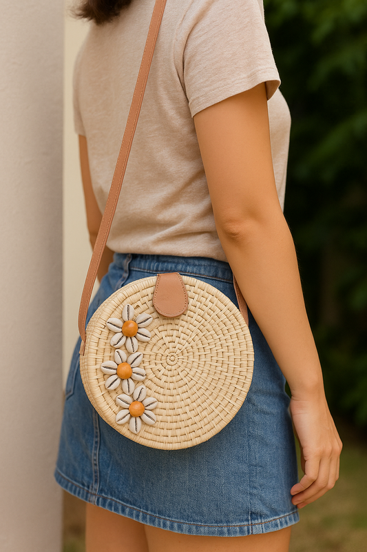 Sac A Main Rond En Raphia Beige et Coquillage - Finition cuir - Fait main