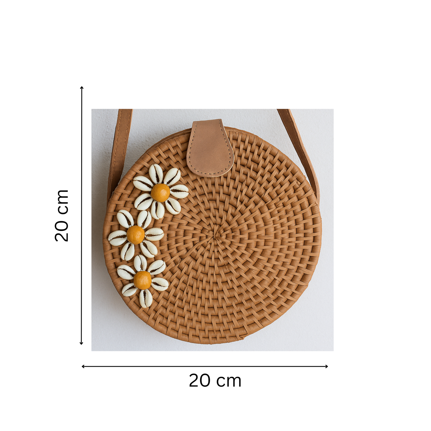 Sac A Main Rond En Raphia Marron et Coquillage - Finition cuir - Fait main